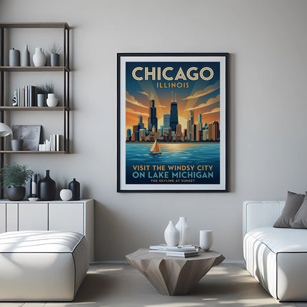 Chicago Illinois vintage travel poster with skyline and sailboat on Lake Michigan.