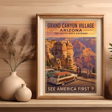 Grand Canyon Village Arizona Vintage Poster with retro cars and travelers.