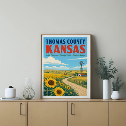 Thomas County Kansas travel poster with sunflowers and windmill.