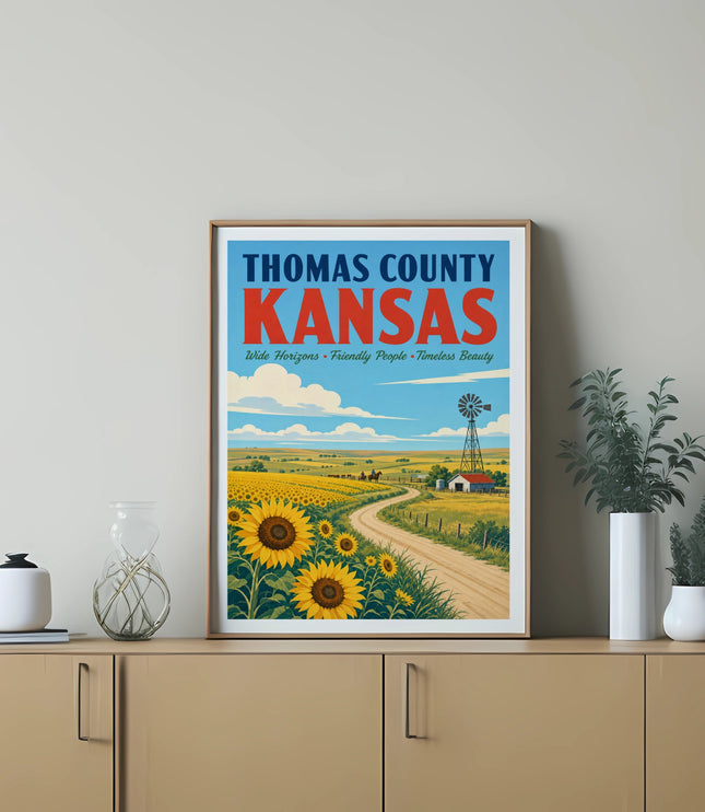Thomas County Kansas travel poster with sunflowers and windmill.