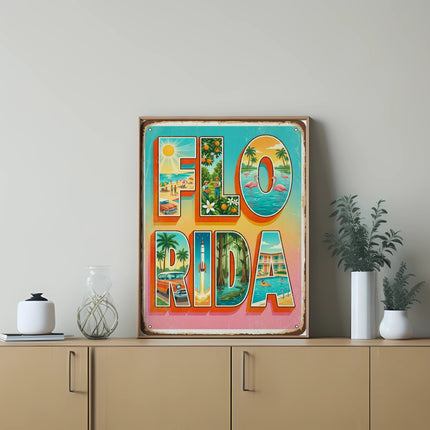 Vintage metal sign with "FLORIDA" text and beach and flamingo scenes.