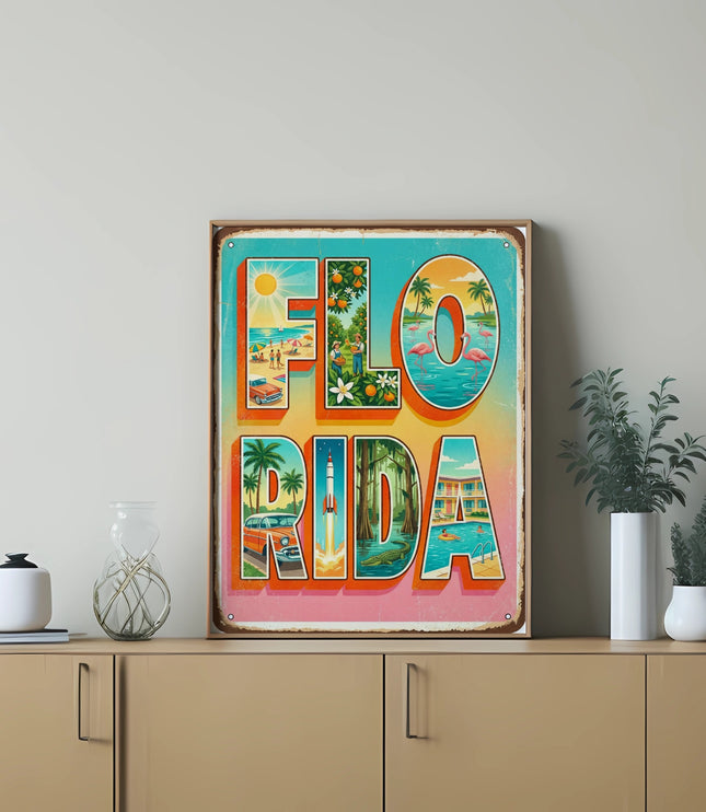 Vintage metal sign with "FLORIDA" text and beach and flamingo scenes.