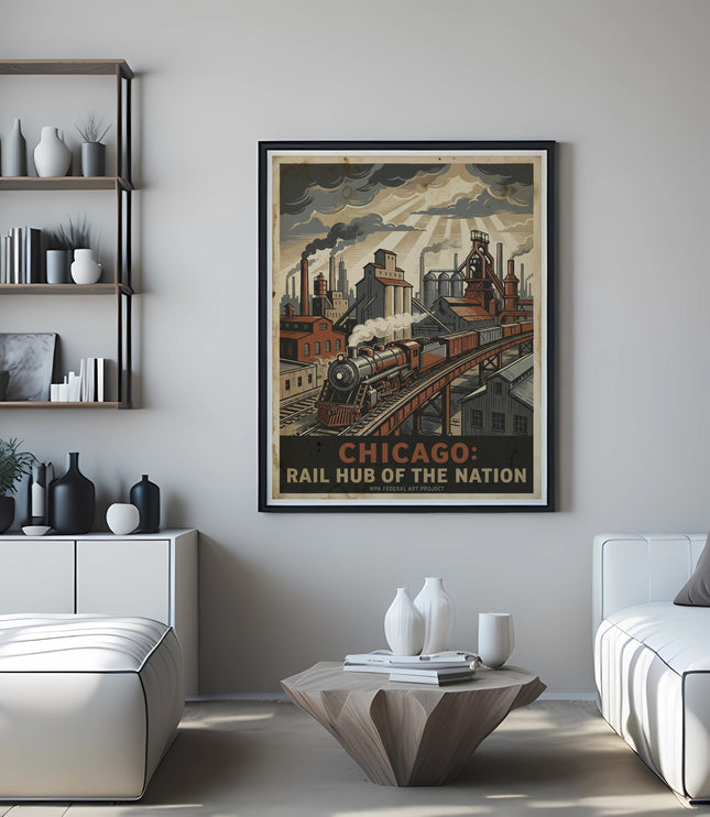Vintage poster of Chicago rail hub with train and factory illustration.