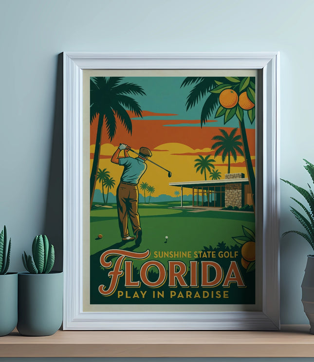 Retro golf poster of a golfer with "Florida Sunshine State Golf Play in Paradise" text.