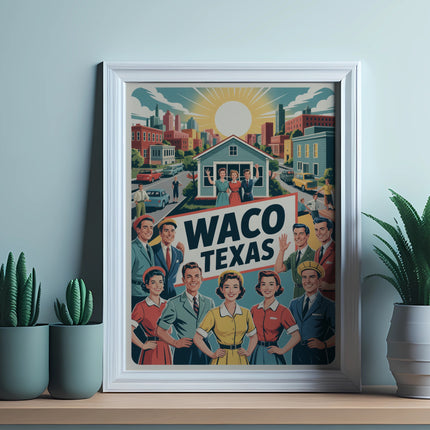 Vintage illustration of Waco, Texas residents with buildings and sun.