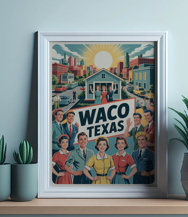 Vintage illustration of Waco, Texas residents with buildings and sun.