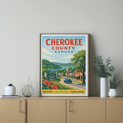 Cherokee County Kansas welcome sign with small town scenery.
