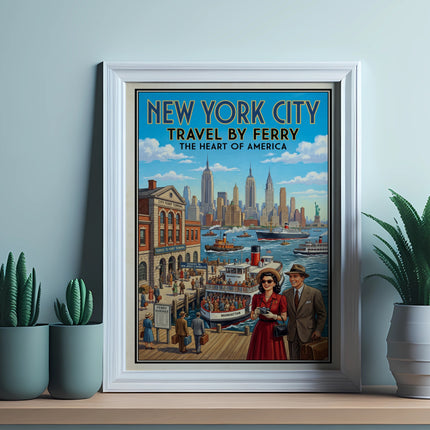 New York City travel by ferry vintage poster with Manhattan skyline.