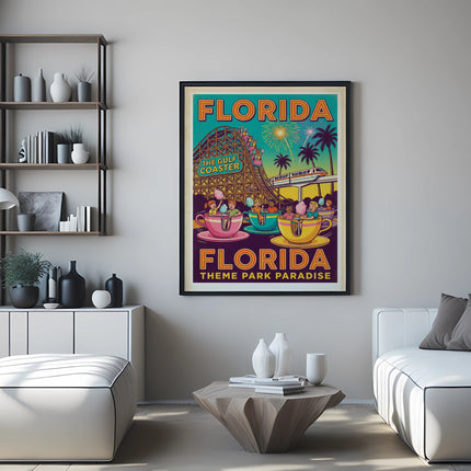 Vintage Florida Gulf Coast theme park poster with roller coaster and palm trees.
