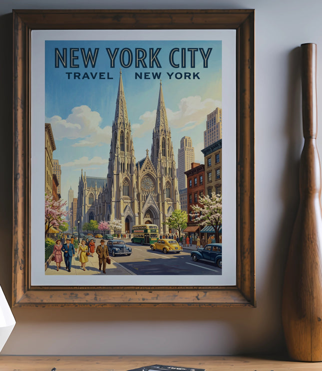 New York City travel poster depicting a street scene with St. Patrick's Cathedral.