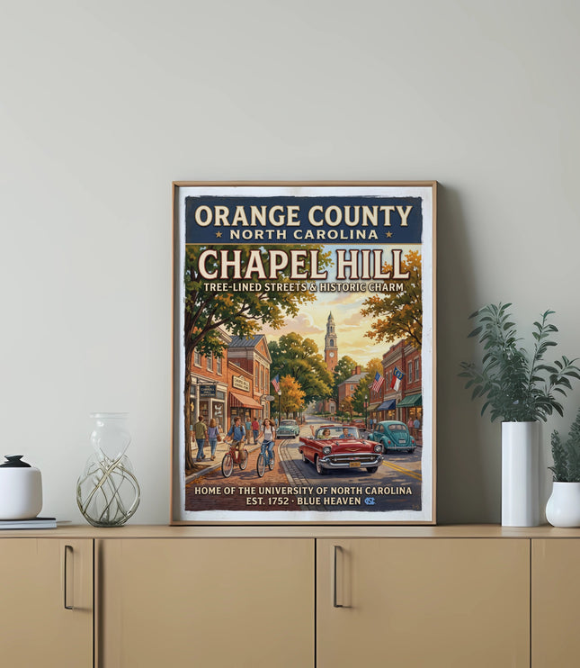 Chapel Hill, North Carolina vintage travel poster with cars and people.