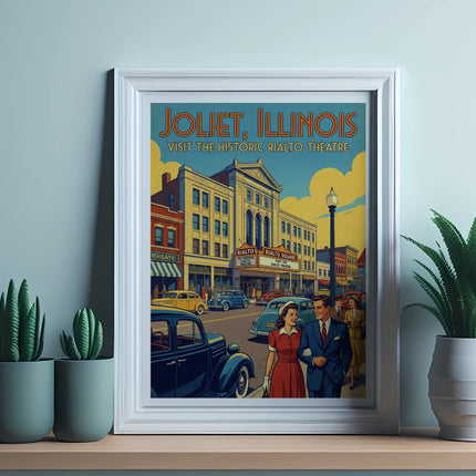 Vintage poster for Joliet, Illinois Rialto Theatre featuring people and classic cars.