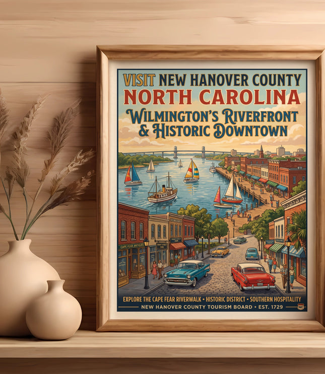 Vintage style poster of Wilmington, North Carolina Riverfront with boats and historic downtown.