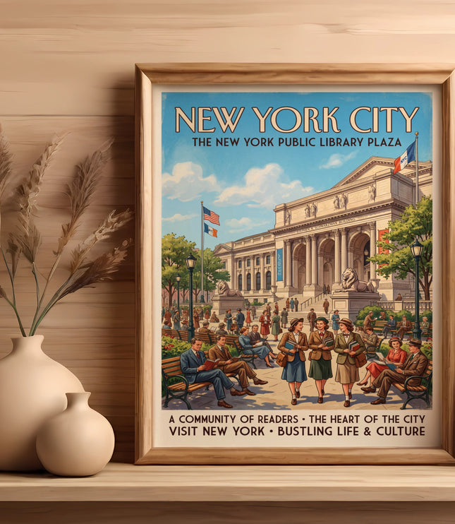 Vintage New York City Public Library Plaza poster featuring people reading on benches.