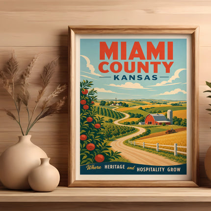 Retro "Miami County - Kansas" travel poster with rolling hills and a farm.