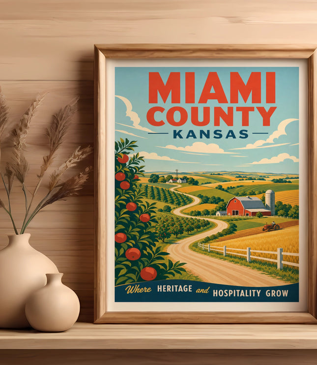 Retro "Miami County - Kansas" travel poster with rolling hills and a farm.