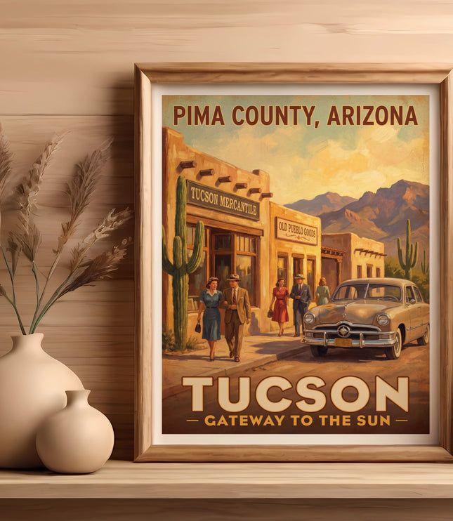 Pima County, Arizona poster showing Tucson Mercantile, Old Pueblo Goods, and vintage car.