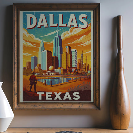 Dallas, Texas vintage travel poster with skyline and lake.