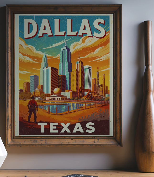 Dallas, Texas vintage travel poster with skyline and lake.