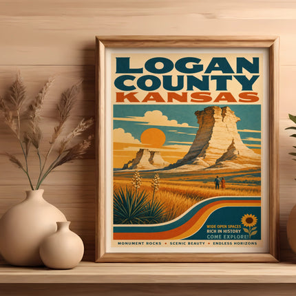 Logan County, Kansas vintage travel poster with Monument Rocks, vast landscapes.