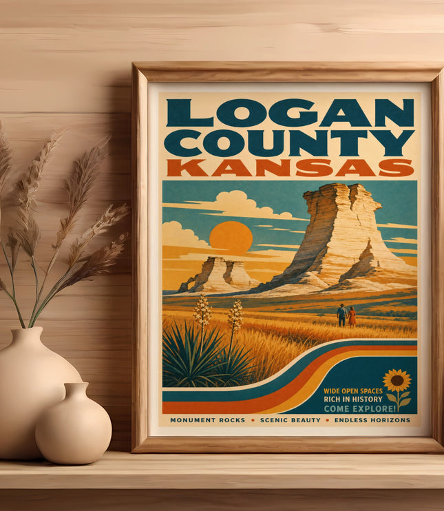 Logan County, Kansas vintage travel poster with Monument Rocks, vast landscapes.