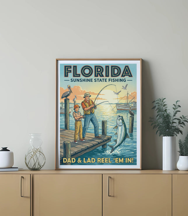 Florida Sunshine State Fishing art with a dad and son reeling in a jumping fish.