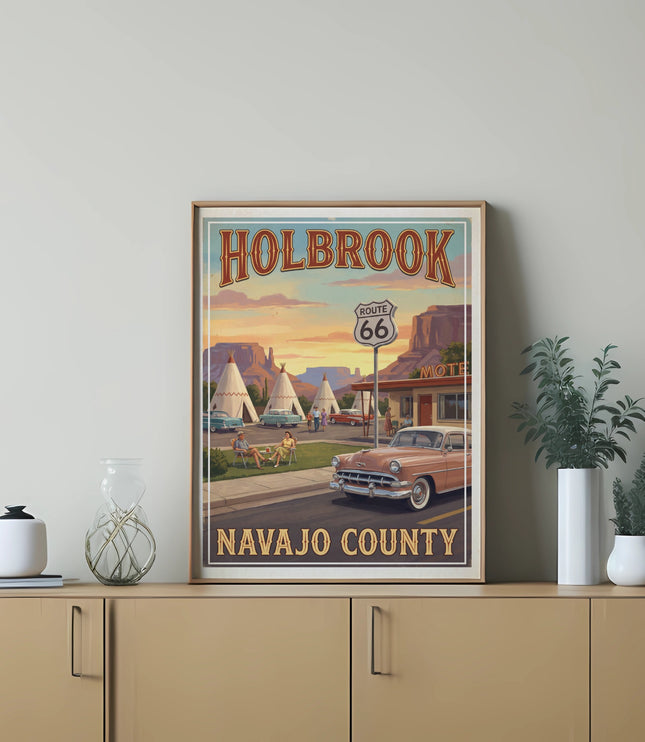 Poster of Holbrook, Navajo County, Route 66 with vintage cars and tipis at sunset.