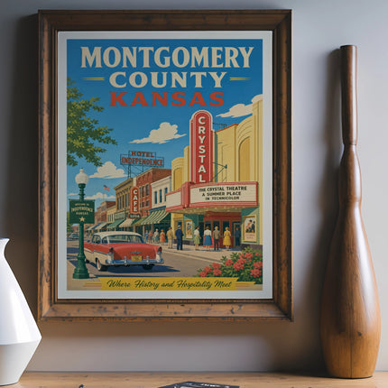 Vintage Montgomery County Kansas poster with Crystal Theatre and classic car.