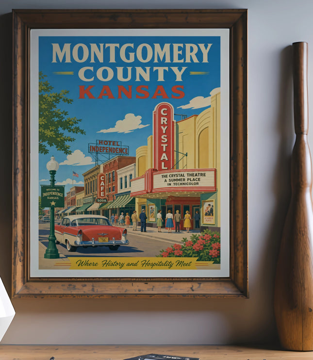 Vintage Montgomery County Kansas poster with Crystal Theatre and classic car.