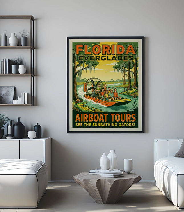 Florida Everglades airboat tours poster with gators and people on a boat.