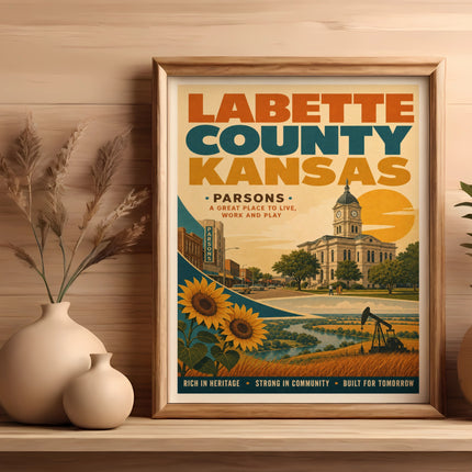 Labette County Kansas Parsons vintage travel poster with sunflowers and courthouse.