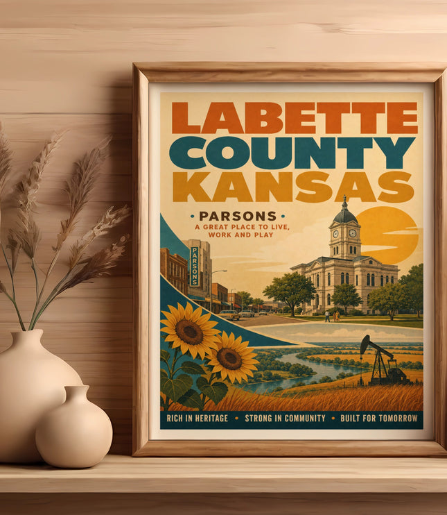 Labette County Kansas Parsons vintage travel poster with sunflowers and courthouse.
