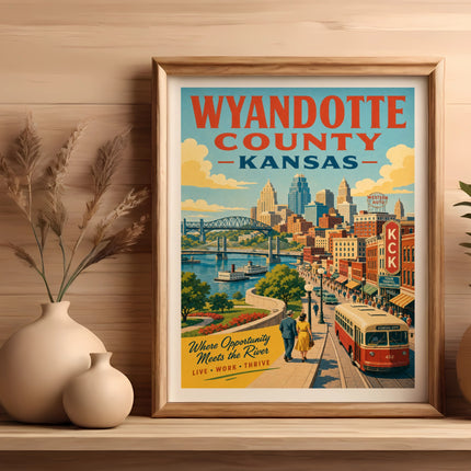 Wyandotte County, Kansas vintage travel poster with city skyline, river, and trolley.