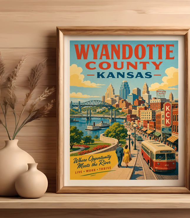 Wyandotte County, Kansas vintage travel poster with city skyline, river, and trolley.