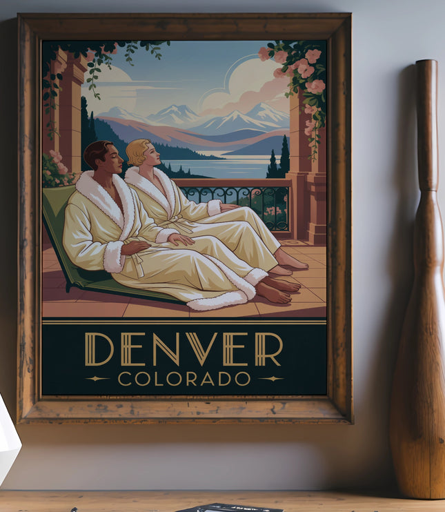 Couple in robes enjoys scenic view, Denver Colorado travel poster.