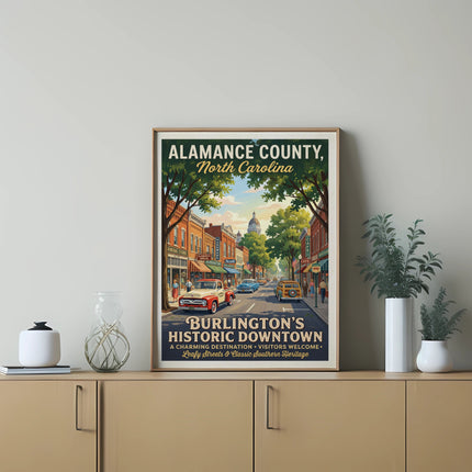 Vintage poster of Burlington's Historic Downtown, Alamance County, North Carolina.