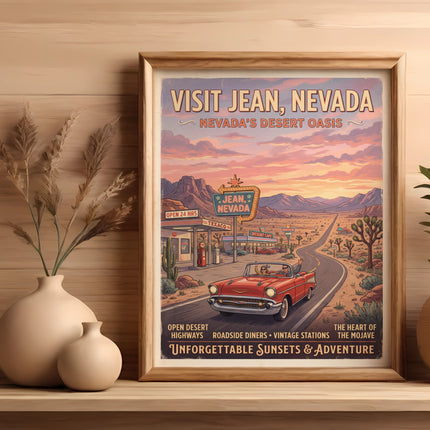 Vintage Nevada desert scene with car, diner, and "Visit Jean, Nevada" text.
