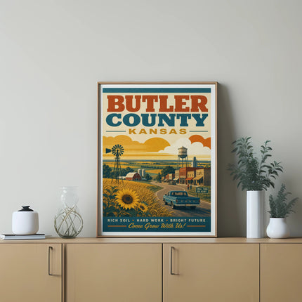 Butler County, Kansas poster with farm, cafe, and text.