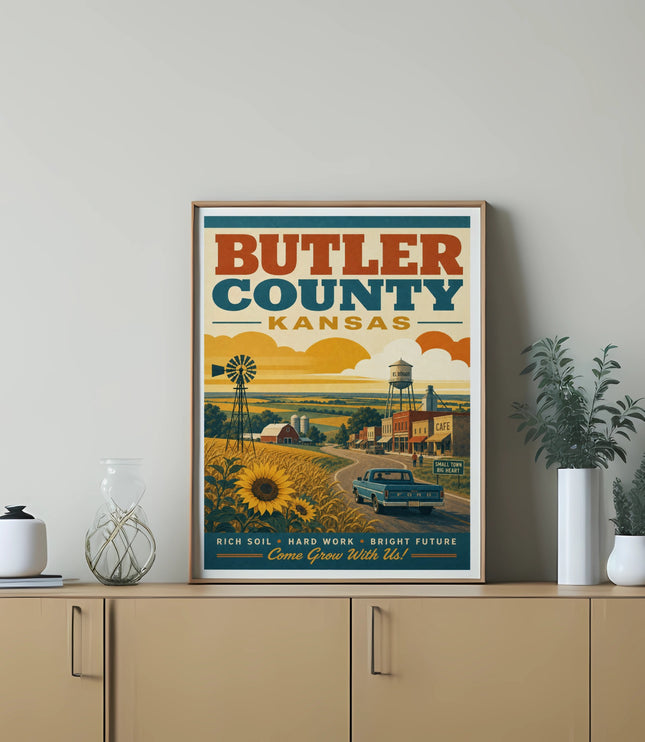 Butler County, Kansas poster with farm, cafe, and text.