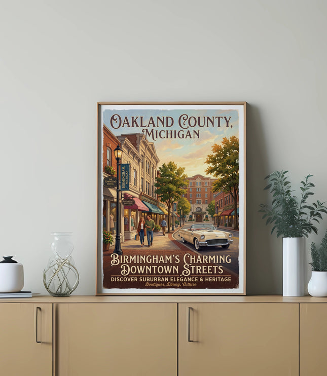 Poster depicting Birmingham, Michigan's downtown streets with a classic car and people.