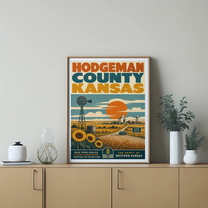 Hodgeman County Kansas poster with sunflowers, windmill, and scenic drive.