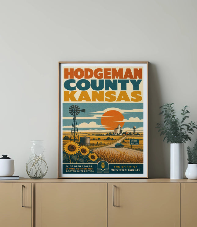 Hodgeman County Kansas poster with sunflowers, windmill, and scenic drive.