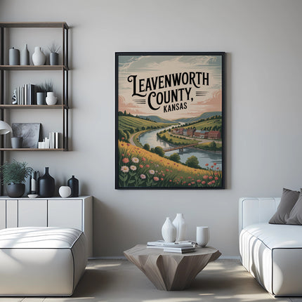 Leavenworth County, Kansas framed print with rolling hills and wildflowers.