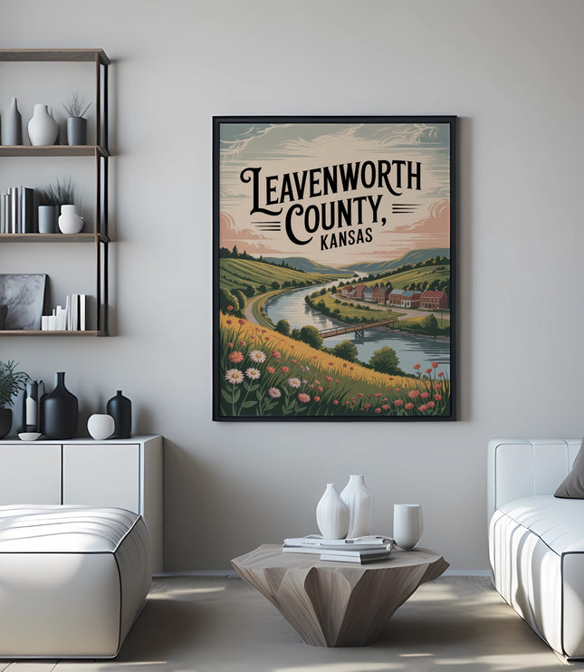 Leavenworth County, Kansas framed print with rolling hills and wildflowers.