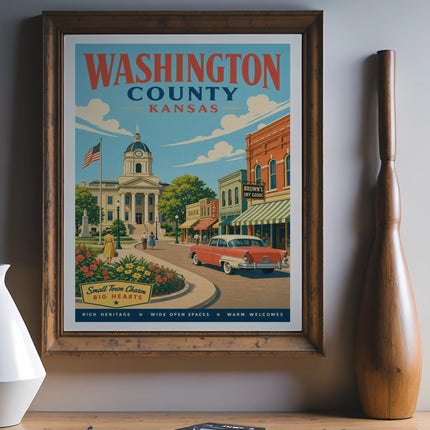 Vintage Washington County, Kansas travel poster with town scene.