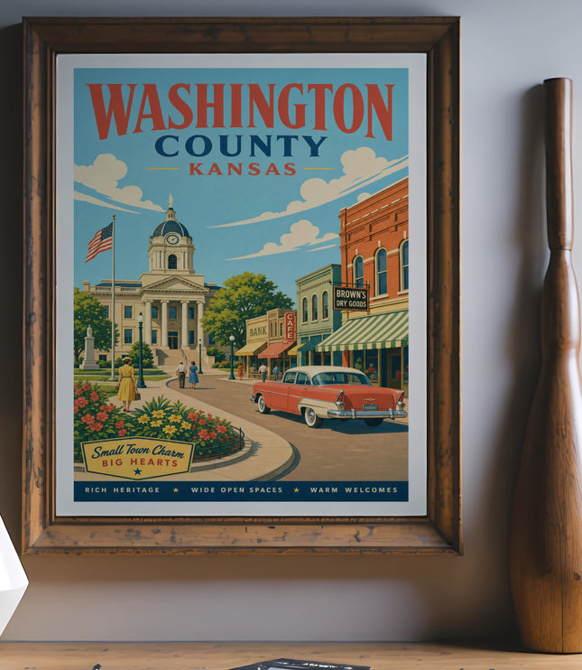 Vintage Washington County, Kansas travel poster with town scene.