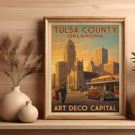 Framed vintage poster of Tulsa County featuring skyline, Route 66 Cafe, and art deco lettering.