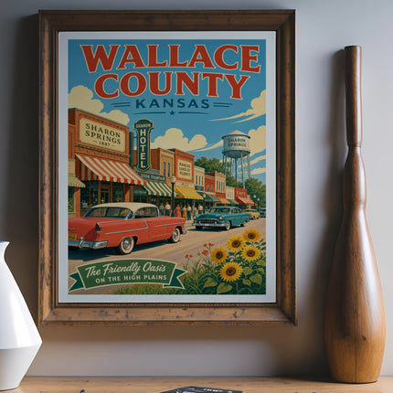 Vintage poster for Wallace County, Kansas, featuring Sharon Springs street scene.