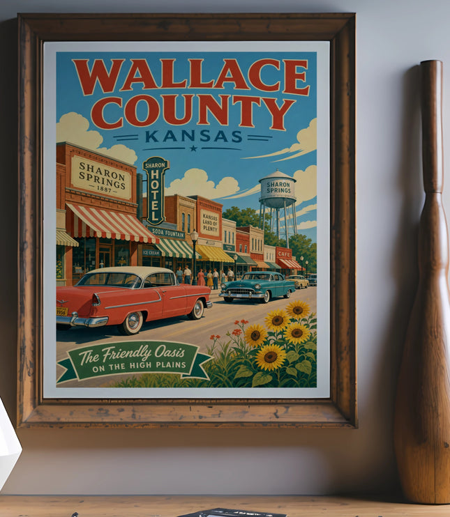 Vintage poster for Wallace County, Kansas, featuring Sharon Springs street scene.