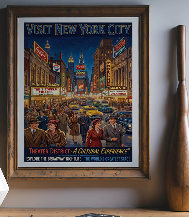 Vintage "Visit New York City" poster shows Broadway street scene with Ziegfeld Follies and Oklahoma.